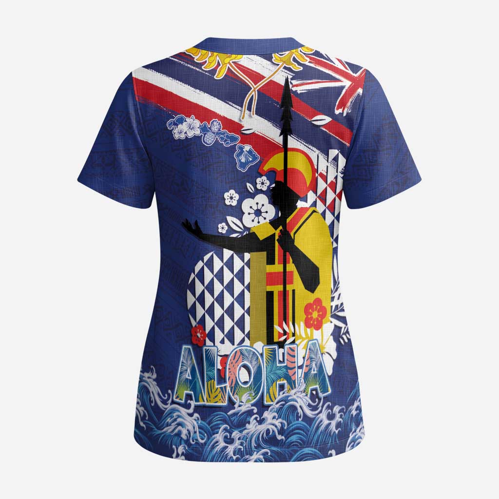 Hawaii King Kamehameha Day Scrub Top Lei Sea Waves Polynesian Tapa Pattern - Polynesian Pride