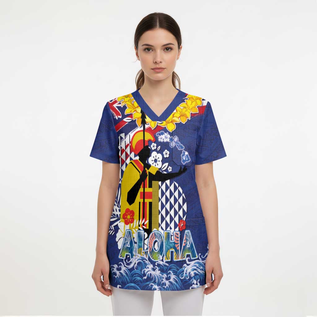 Hawaii King Kamehameha Day Scrub Top Lei Sea Waves Polynesian Tapa Pattern - Polynesian Pride