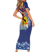 Hawaii King Kamehameha Day Short Sleeve Bodycon Dress Lei Sea Waves Polynesian Tapa Pattern