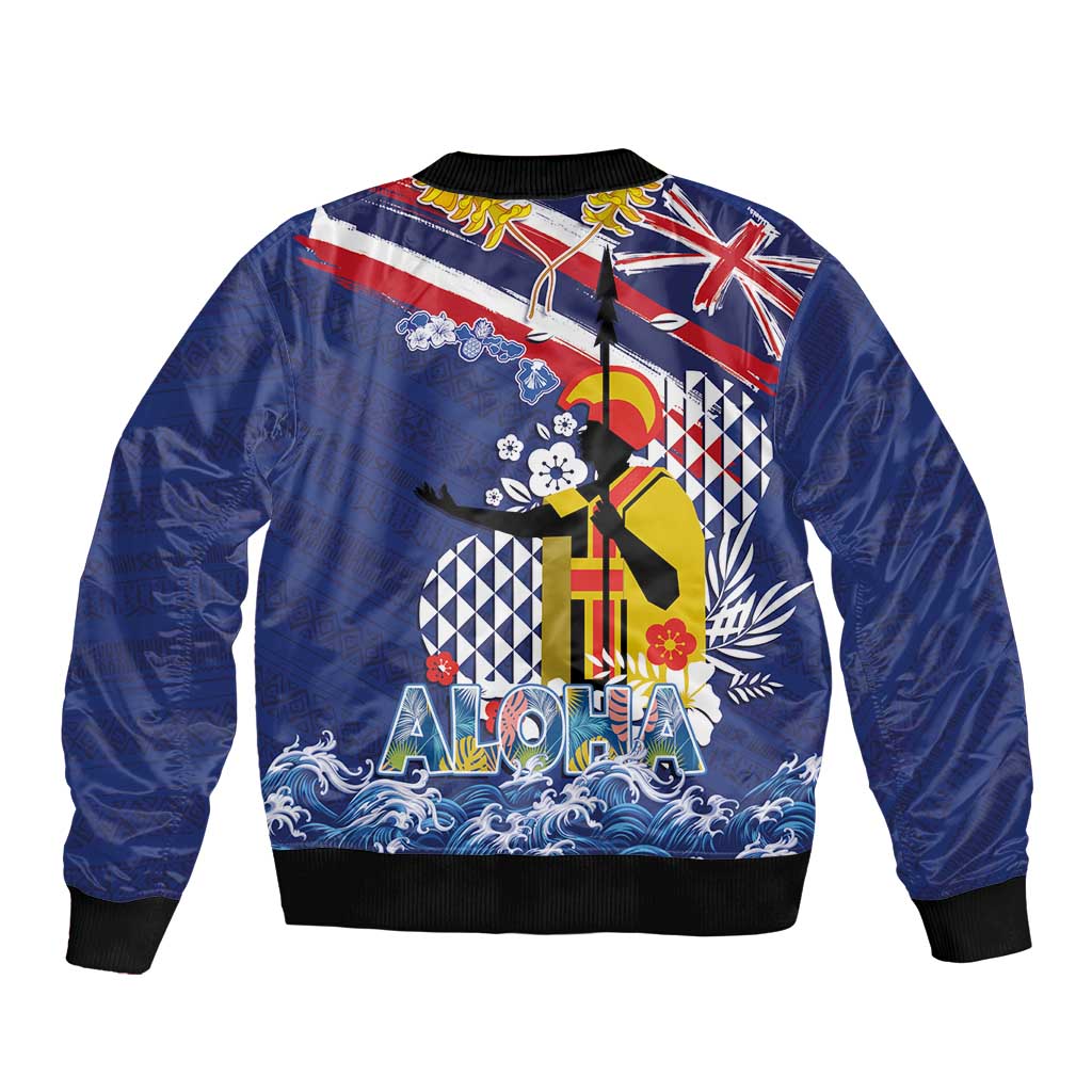 Hawaii King Kamehameha Day Sleeve Zip Bomber Jacket Lei Sea Waves Polynesian Tapa Pattern LT03 - Polynesian Pride