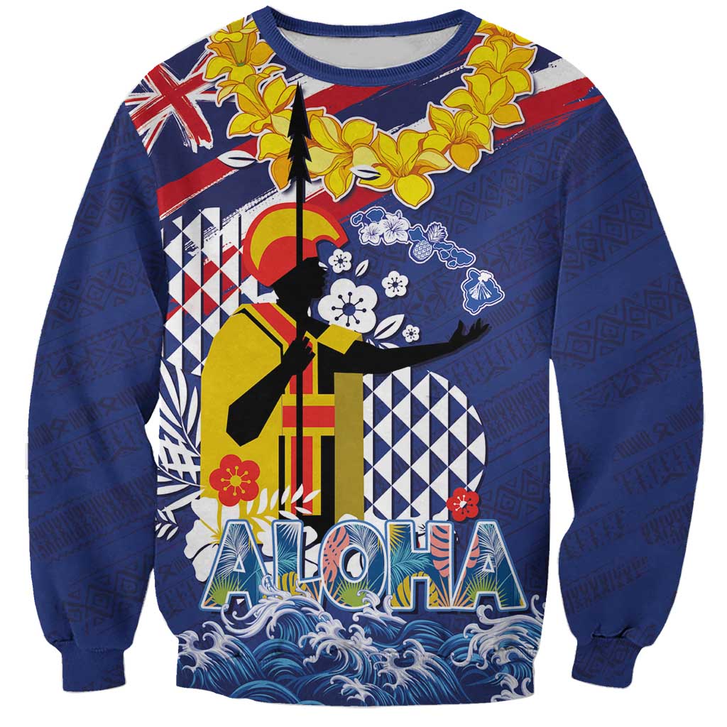 Hawaii King Kamehameha Day Sweatshirt Lei Sea Waves Polynesian Tapa Pattern LT03 Unisex Blue - Polynesian Pride