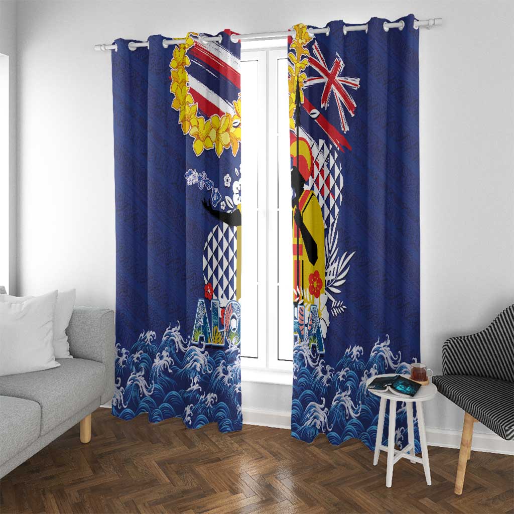 Hawaii King Kamehameha Day Window Curtain Lei Sea Waves Polynesian Tapa Pattern LT03 With Grommets Blue - Polynesian Pride