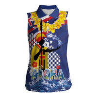 Hawaii King Kamehameha Day Women Sleeveless Polo Shirt Lei Sea Waves Polynesian Tapa Pattern LT03 Female Blue - Polynesian Pride