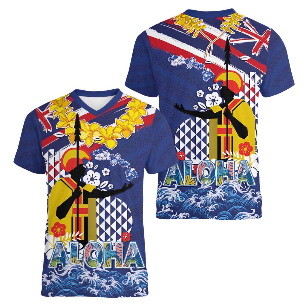 Hawaii King Kamehameha Day Women V-Neck T-Shirt Lei Sea Waves Polynesian Tapa Pattern LT03 - Polynesian Pride