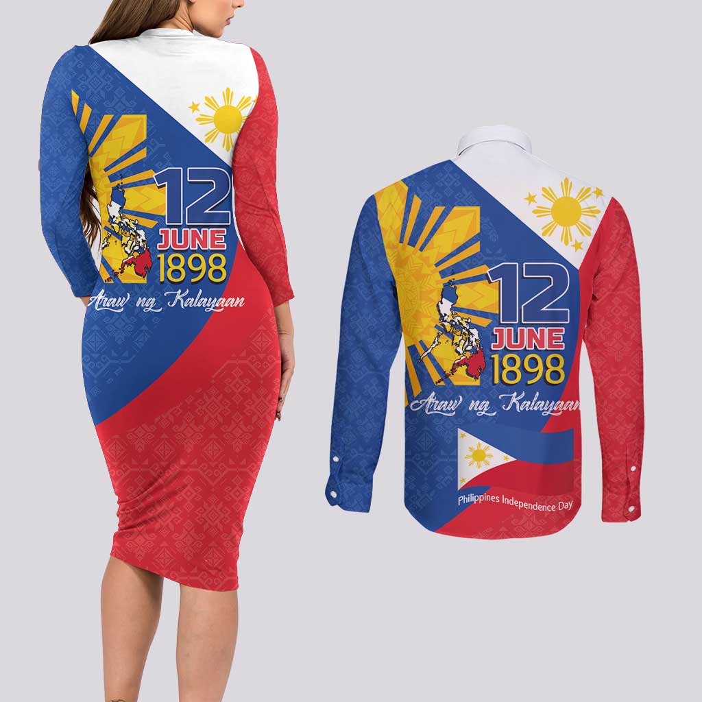 Philippines Independence Day Couples Matching Long Sleeve Bodycon Dress and Long Sleeve Button Shirt Araw ng Kalayaan Polynesian Sun and YAKAN Pattern