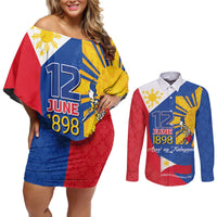 Philippines Independence Day Couples Matching Off Shoulder Short Dress and Long Sleeve Button Shirt Araw ng Kalayaan Polynesian Sun and YAKAN Pattern