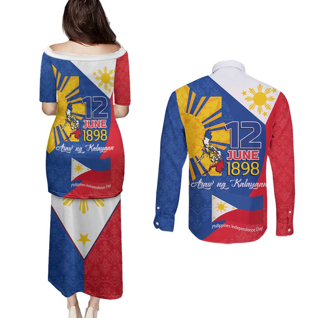 Philippines Independence Day Couples Matching Puletasi and Long Sleeve Button Shirt Araw ng Kalayaan Polynesian Sun and YAKAN Pattern