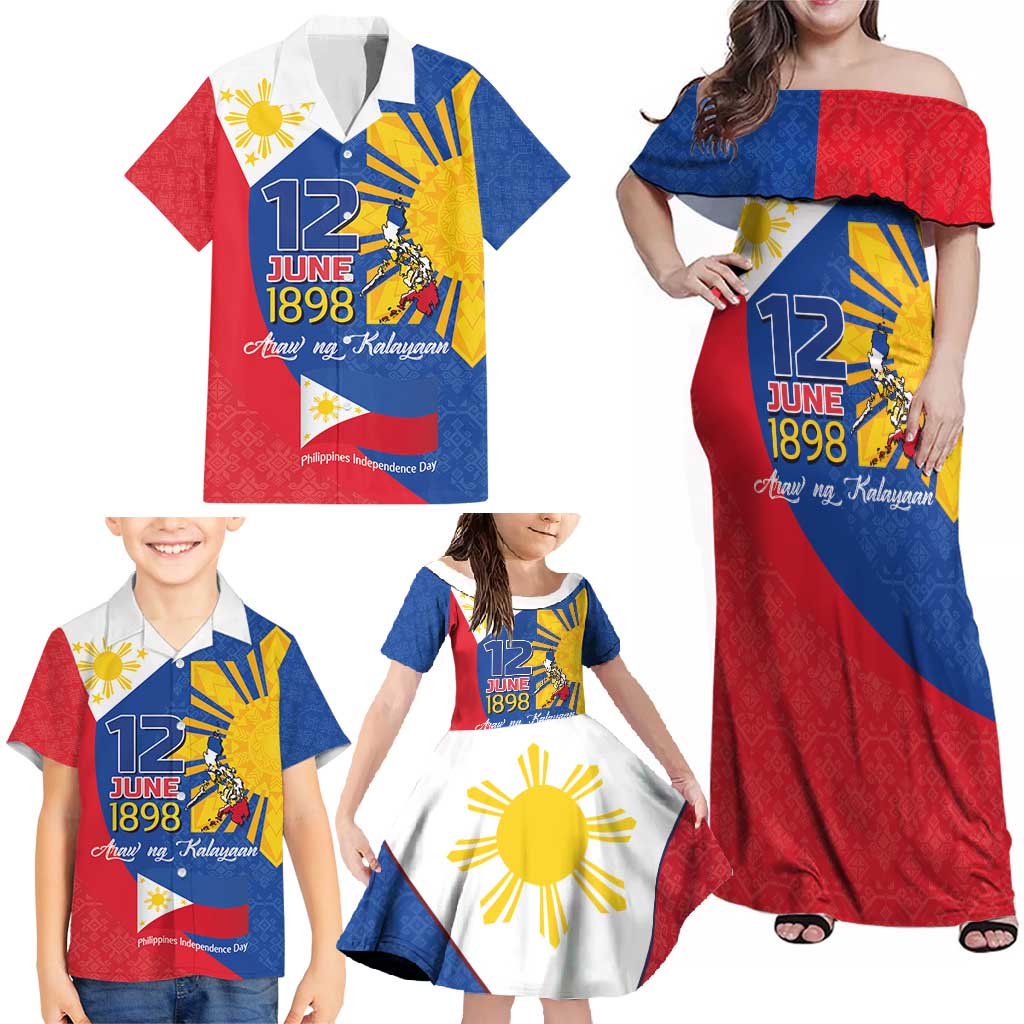 Philippines Independence Day Family Matching Off Shoulder Maxi Dress and Hawaiian Shirt Araw ng Kalayaan Polynesian Sun and YAKAN Pattern