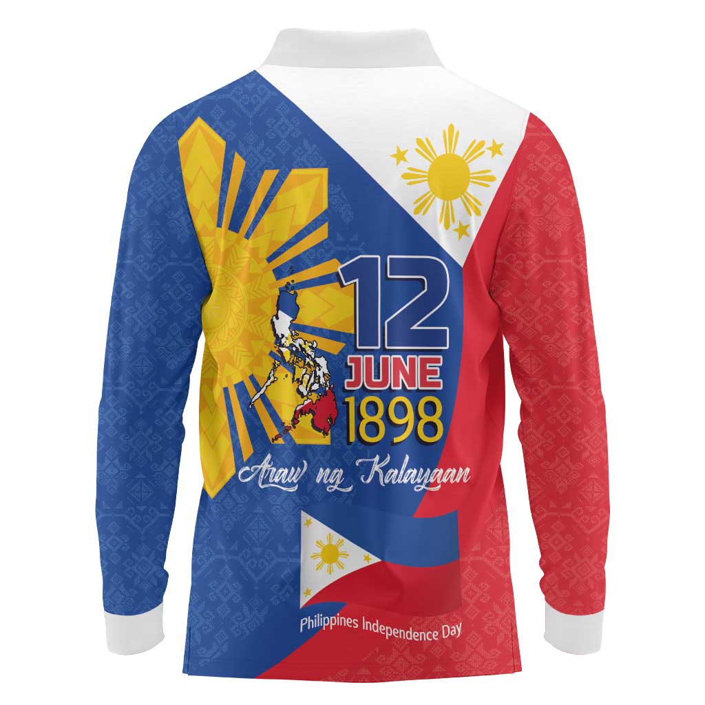 Philippines Independence Day Long Sleeve Polo Shirt Araw ng Kalayaan Polynesian Sun and YAKAN Pattern