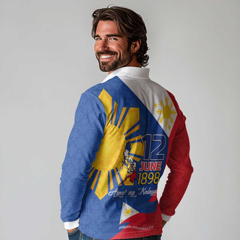 Philippines Independence Day Long Sleeve Polo Shirt Araw ng Kalayaan Polynesian Sun and YAKAN Pattern
