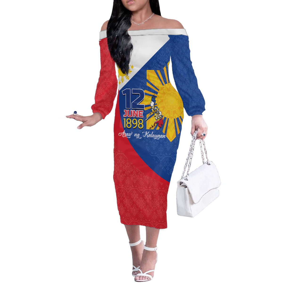 Philippines Independence Day Off The Shoulder Long Sleeve Dress Araw ng Kalayaan Polynesian Sun and YAKAN Pattern