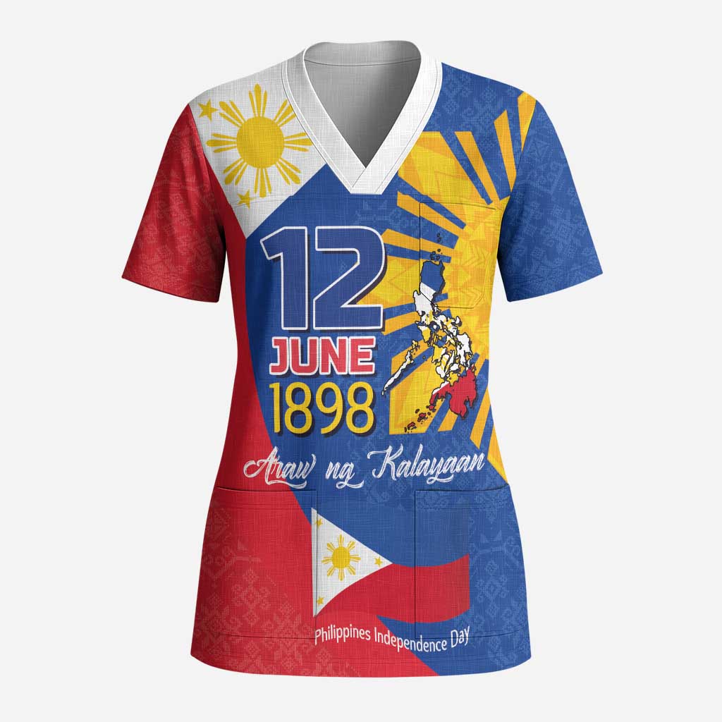 Philippines Independence Day Scrub Top Araw ng Kalayaan Polynesian Sun and YAKAN Pattern - Polynesian Pride