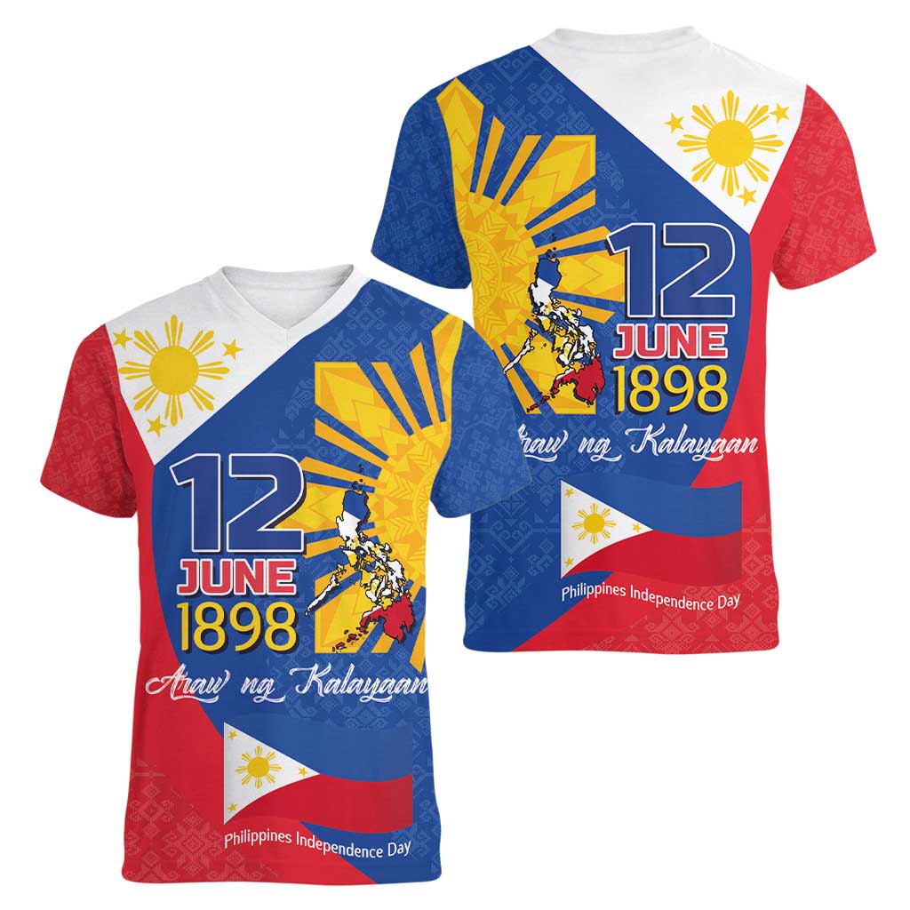 Philippines Independence Day Women V-Neck T-Shirt Araw ng Kalayaan Polynesian Sun and YAKAN Pattern