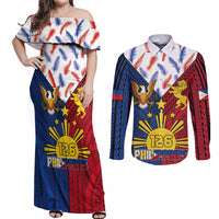 Philippines Independence Day 126th Anniversary Couples Matching Off Shoulder Maxi Dress and Long Sleeve Button Shirt Polynesian Pattern National Flag Style