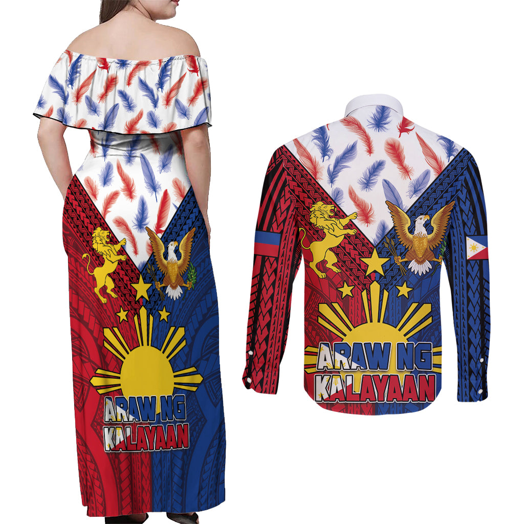 Philippines Independence Day 126th Anniversary Couples Matching Off Shoulder Maxi Dress and Long Sleeve Button Shirt Polynesian Pattern National Flag Style