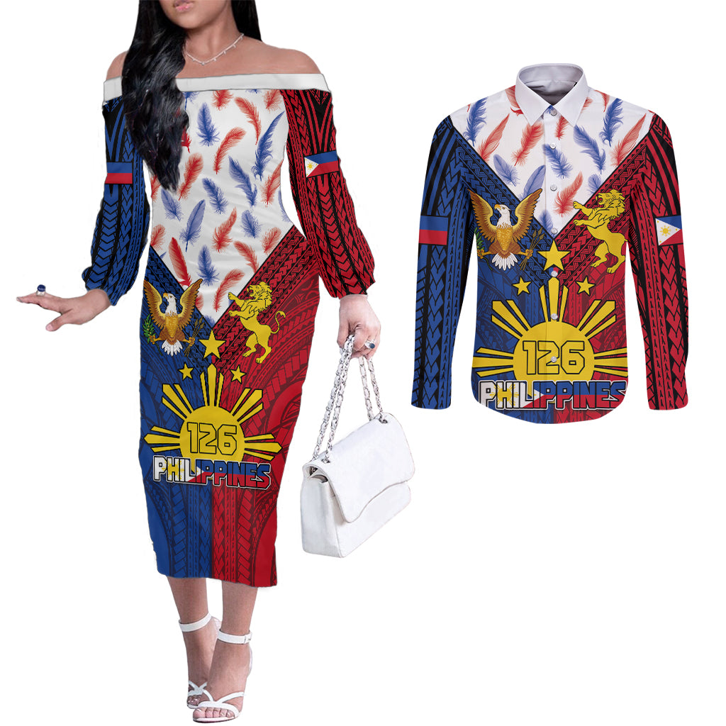 Philippines Independence Day 126th Anniversary Couples Matching Off The Shoulder Long Sleeve Dress and Long Sleeve Button Shirt Polynesian Pattern National Flag Style