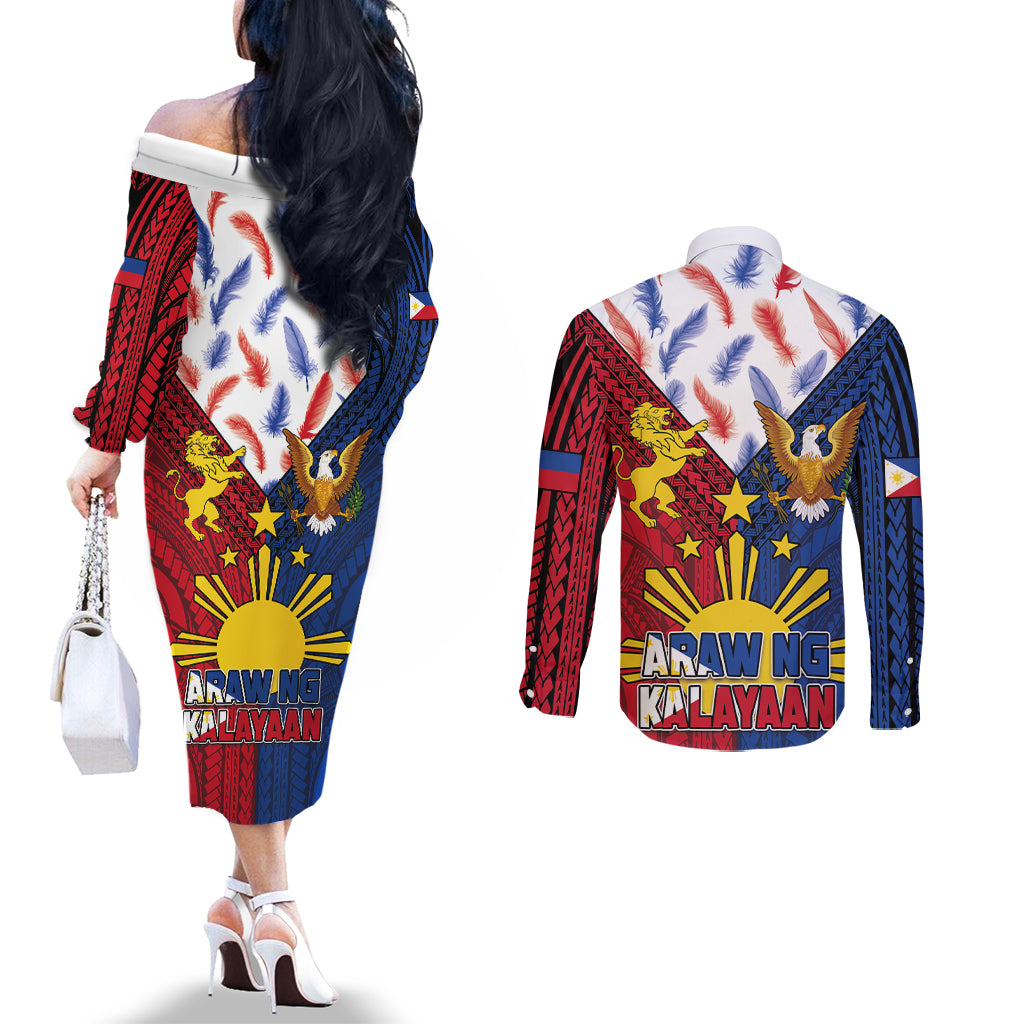 Philippines Independence Day 126th Anniversary Couples Matching Off The Shoulder Long Sleeve Dress and Long Sleeve Button Shirt Polynesian Pattern National Flag Style