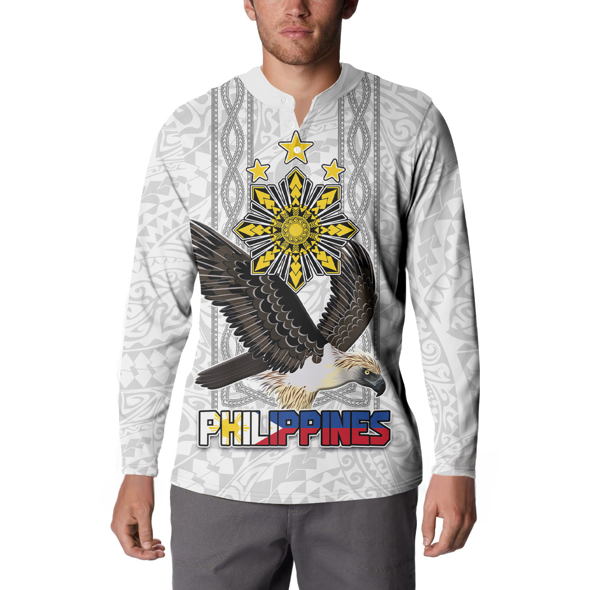 Philippines Eagle Week Button Sweatshirt Polynesian Pattern Barong Style