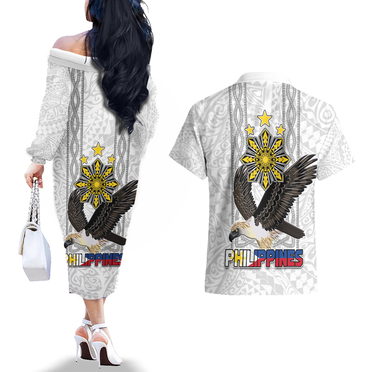 Philippines Eagle Week Couples Matching Off The Shoulder Long Sleeve Dress and Hawaiian Shirt Polynesian Pattern Barong Style