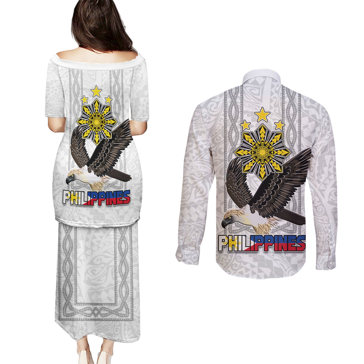 Philippines Eagle Week Couples Matching Puletasi and Long Sleeve Button Shirt Polynesian Pattern Barong Style