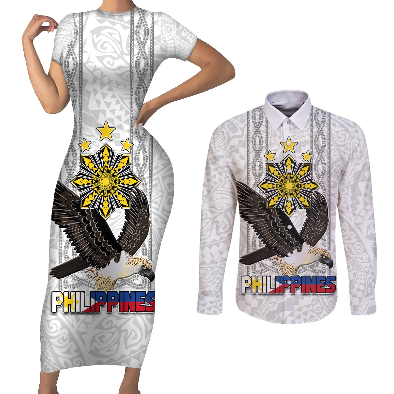 Philippines Eagle Week Couples Matching Short Sleeve Bodycon Dress and Long Sleeve Button Shirt Polynesian Pattern Barong Style