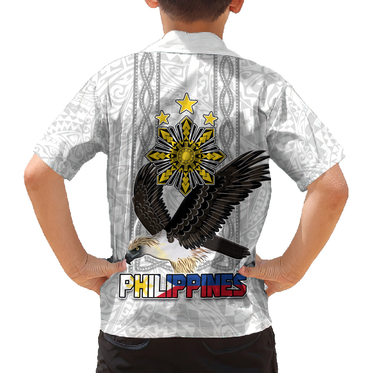 Philippines Eagle Week Family Matching Off The Shoulder Long Sleeve Dress and Hawaiian Shirt Polynesian Pattern Barong Style