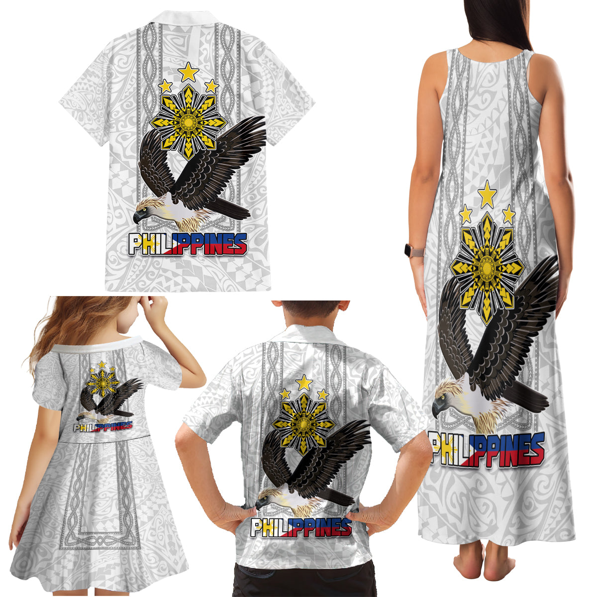 Philippines Eagle Week Family Matching Tank Maxi Dress and Hawaiian Shirt Polynesian Pattern Barong Style