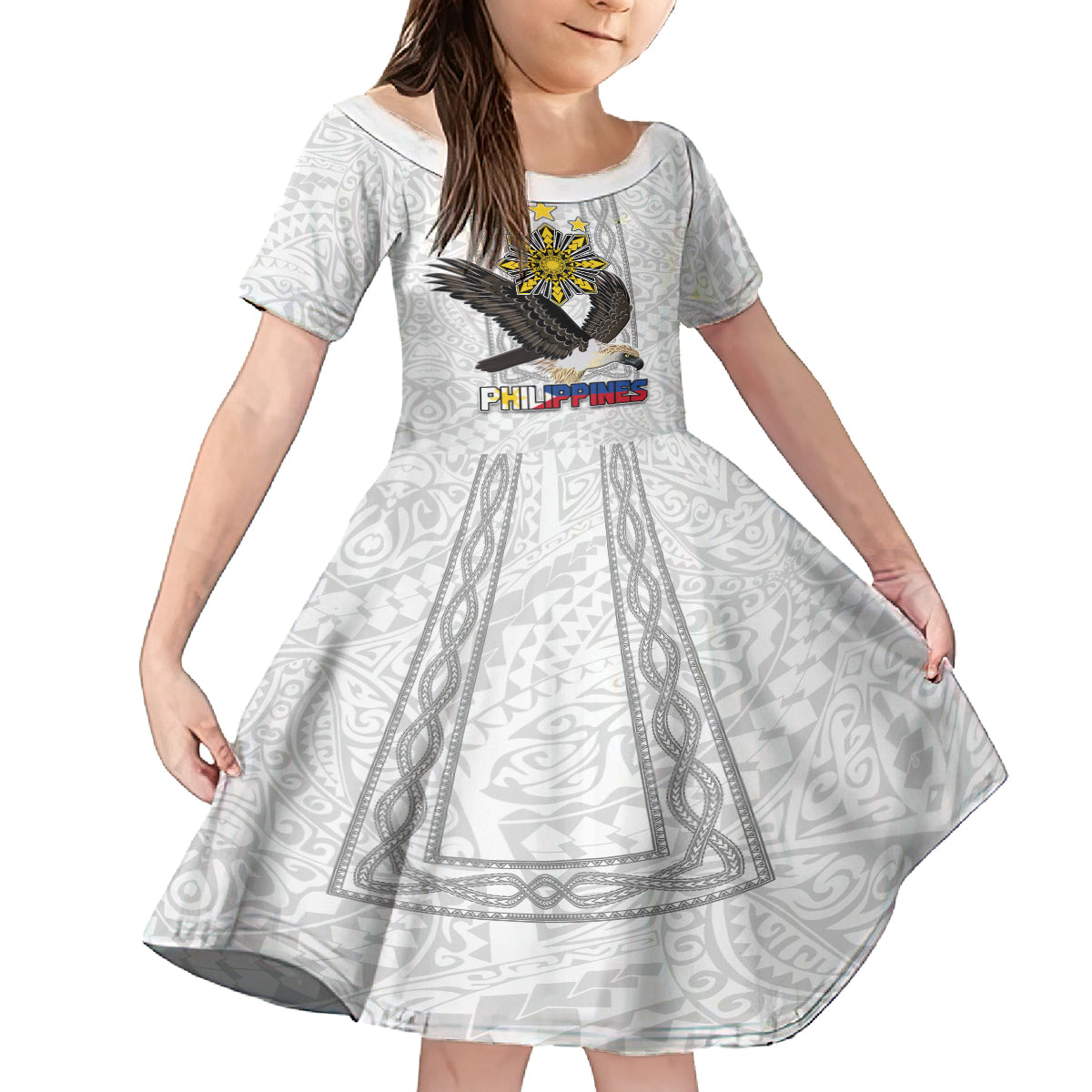 Philippines Eagle Week Kid Short Sleeve Dress Polynesian Pattern Barong Style