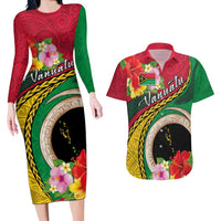Vanuatu Tribal Boar Tusk Couples Matching Long Sleeve Bodycon Dress and Hawaiian Shirt Tropical Plants with Namele and Melanesian Pattern