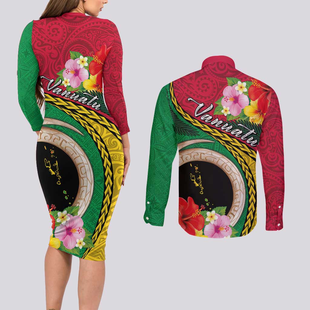 Vanuatu Tribal Boar Tusk Couples Matching Long Sleeve Bodycon Dress and Long Sleeve Button Shirt Tropical Plants with Namele and Melanesian Pattern