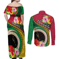 Vanuatu Tribal Boar Tusk Couples Matching Off Shoulder Maxi Dress and Long Sleeve Button Shirt Tropical Plants with Namele and Melanesian Pattern