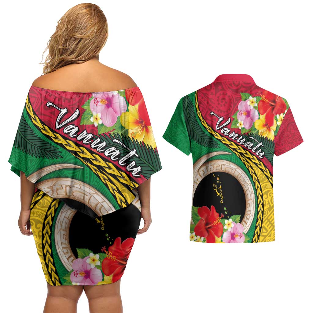 Vanuatu Tribal Boar Tusk Couples Matching Off Shoulder Short Dress and Hawaiian Shirt Tropical Plants with Namele and Melanesian Pattern