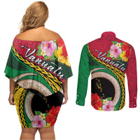 Vanuatu Tribal Boar Tusk Couples Matching Off Shoulder Short Dress and Long Sleeve Button Shirt Tropical Plants with Namele and Melanesian Pattern