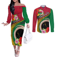 Vanuatu Tribal Boar Tusk Couples Matching Off The Shoulder Long Sleeve Dress and Long Sleeve Button Shirt Tropical Plants with Namele and Melanesian Pattern