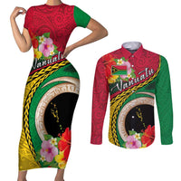 Vanuatu Tribal Boar Tusk Couples Matching Short Sleeve Bodycon Dress and Long Sleeve Button Shirt Tropical Plants with Namele and Melanesian Pattern