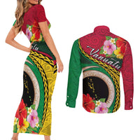 Vanuatu Tribal Boar Tusk Couples Matching Short Sleeve Bodycon Dress and Long Sleeve Button Shirt Tropical Plants with Namele and Melanesian Pattern