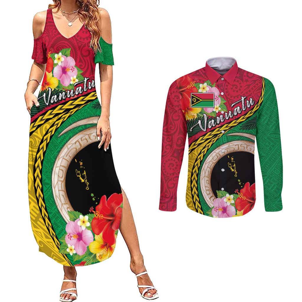 Vanuatu Tribal Boar Tusk Couples Matching Summer Maxi Dress and Long Sleeve Button Shirt Tropical Plants with Namele and Melanesian Pattern