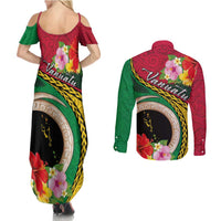 Vanuatu Tribal Boar Tusk Couples Matching Summer Maxi Dress and Long Sleeve Button Shirt Tropical Plants with Namele and Melanesian Pattern