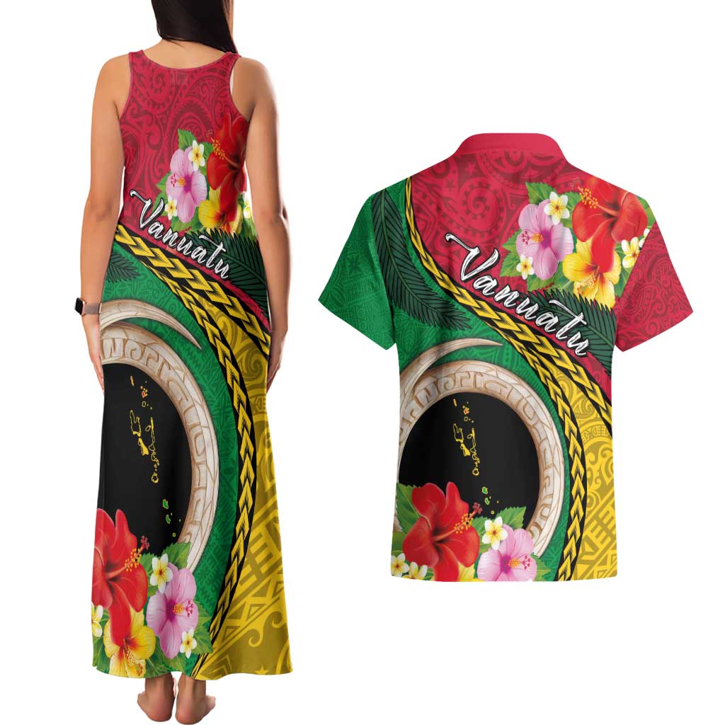 Vanuatu Tribal Boar Tusk Couples Matching Tank Maxi Dress and Hawaiian Shirt Tropical Plants with Namele and Melanesian Pattern