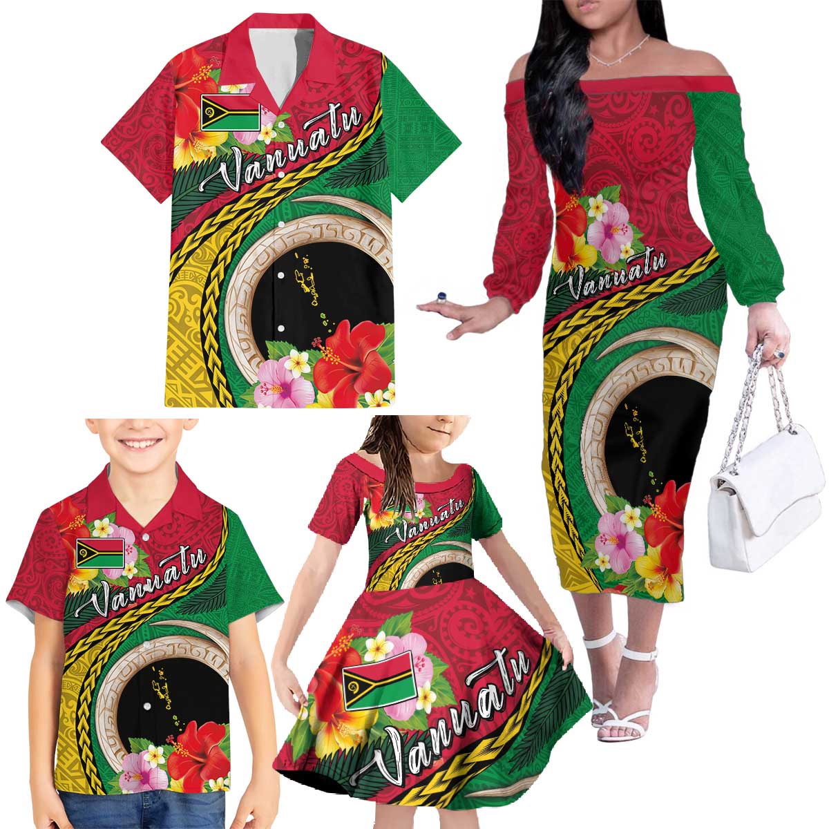 Vanuatu Tribal Boar Tusk Family Matching Off The Shoulder Long Sleeve Dress and Hawaiian Shirt Tropical Plants with Namele and Melanesian Pattern