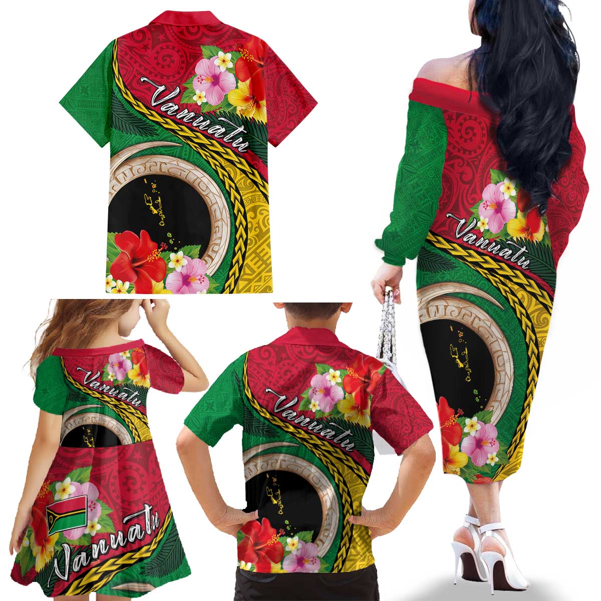 Vanuatu Tribal Boar Tusk Family Matching Off The Shoulder Long Sleeve Dress and Hawaiian Shirt Tropical Plants with Namele and Melanesian Pattern