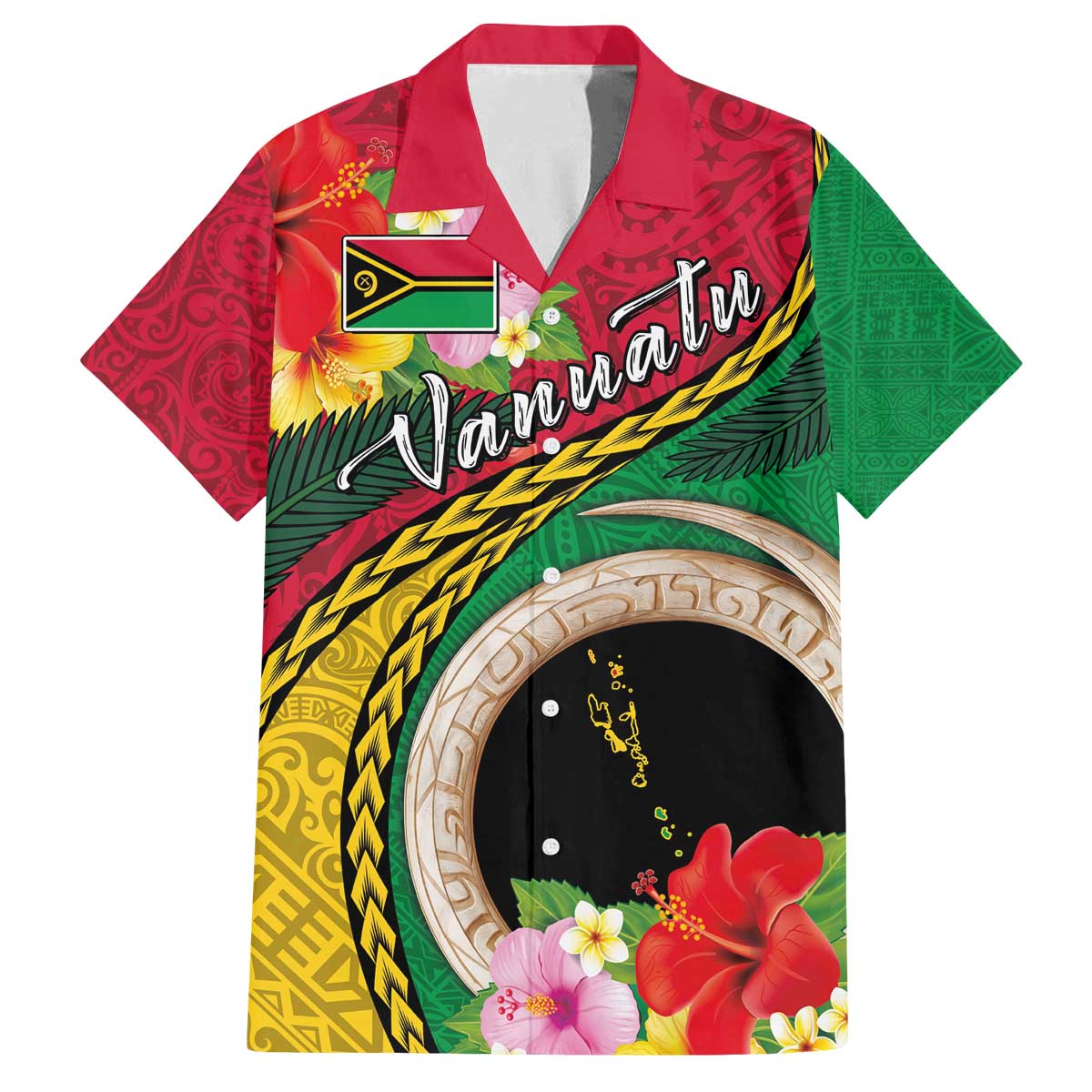 Vanuatu Tribal Boar Tusk Family Matching Off The Shoulder Long Sleeve Dress and Hawaiian Shirt Tropical Plants with Namele and Melanesian Pattern