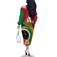 Vanuatu Tribal Boar Tusk Family Matching Off The Shoulder Long Sleeve Dress and Hawaiian Shirt Tropical Plants with Namele and Melanesian Pattern