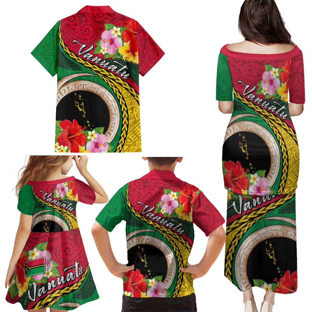 Vanuatu Tribal Boar Tusk Family Matching Puletasi and Hawaiian Shirt Tropical Plants with Namele and Melanesian Pattern