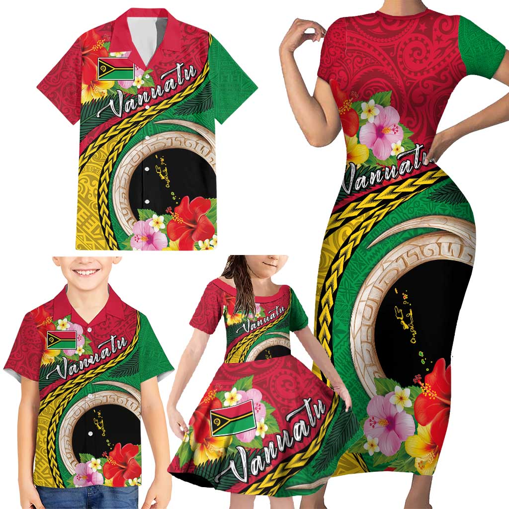 Vanuatu Tribal Boar Tusk Family Matching Short Sleeve Bodycon Dress and Hawaiian Shirt Tropical Plants with Namele and Melanesian Pattern