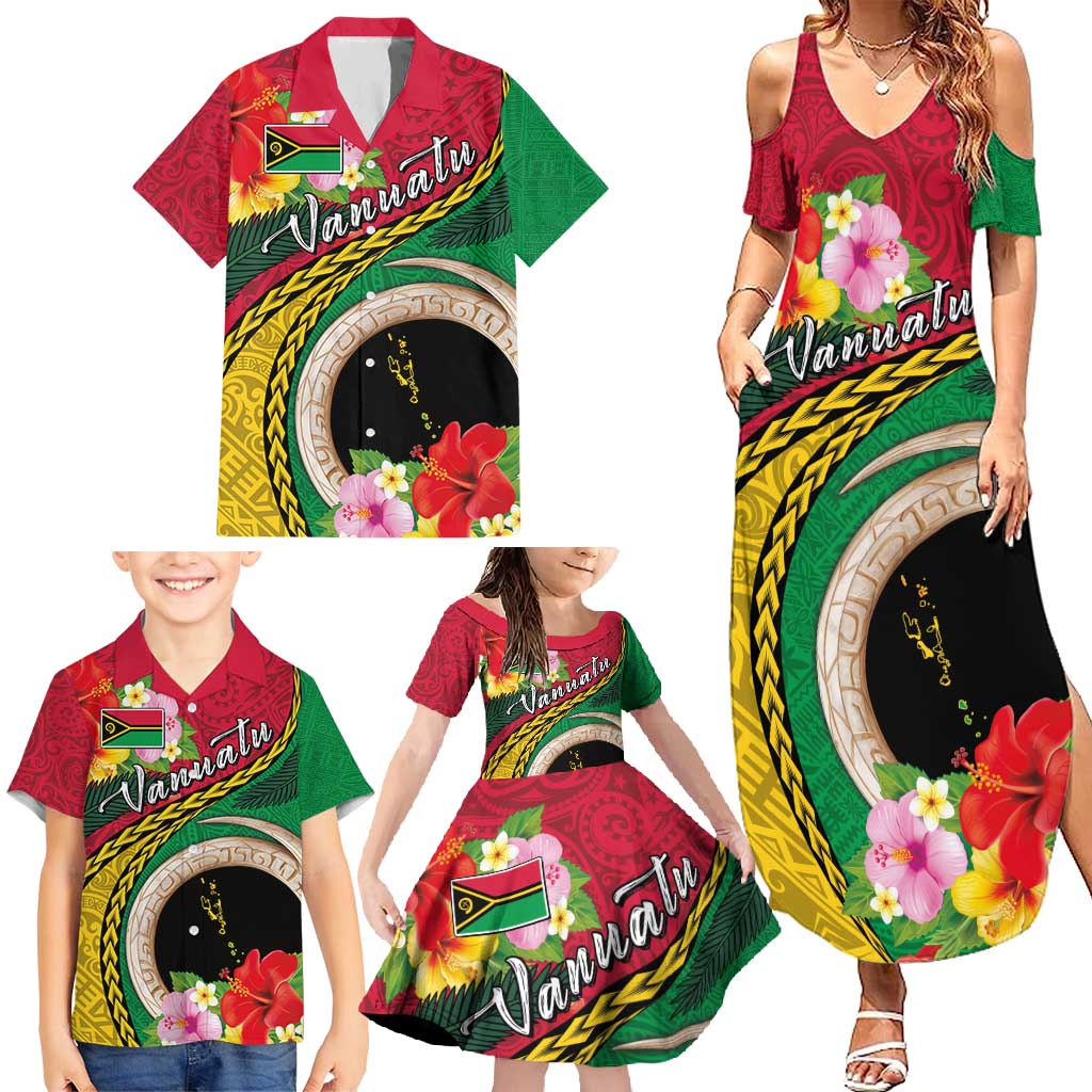 Vanuatu Tribal Boar Tusk Family Matching Summer Maxi Dress and Hawaiian Shirt Tropical Plants with Namele and Melanesian Pattern