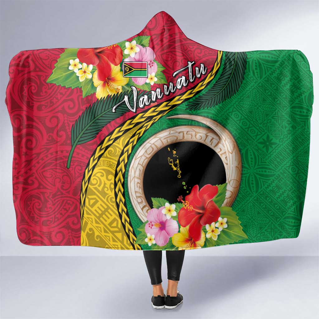 Vanuatu Tribal Boar Tusk Hooded Blanket Tropical Plants with Namele and Melanesian Pattern