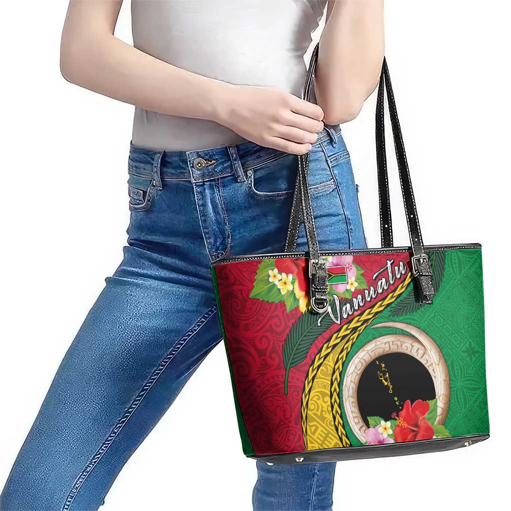 Vanuatu Tribal Boar Tusk Leather Tote Bag Tropical Plants with Namele and Melanesian Pattern