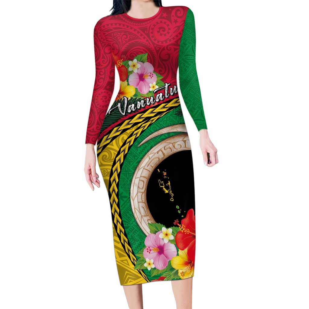 Vanuatu Tribal Boar Tusk Long Sleeve Bodycon Dress Tropical Plants with Namele and Melanesian Pattern