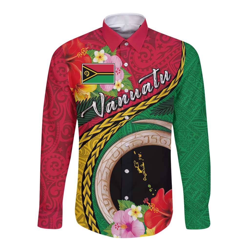 Vanuatu Tribal Boar Tusk Long Sleeve Button Shirt Tropical Plants with Namele and Melanesian Pattern